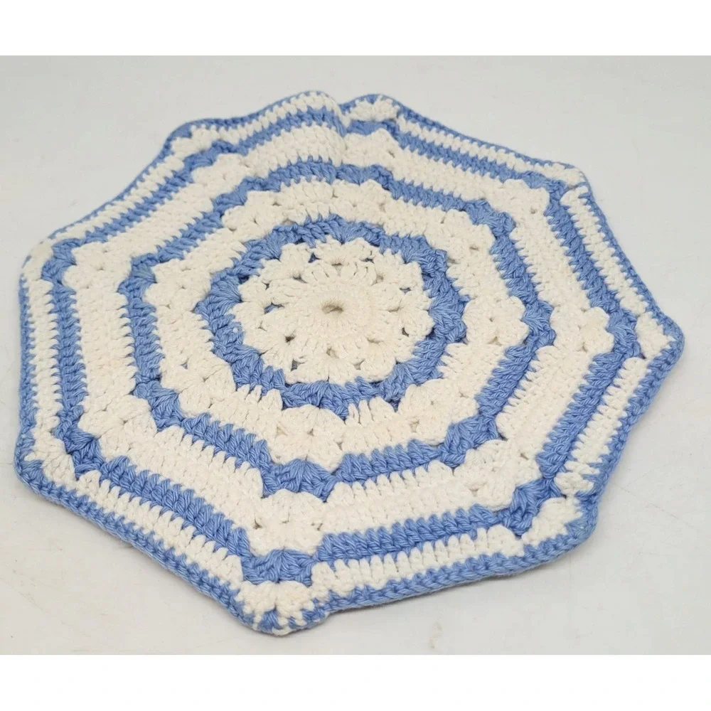 Vintage Set of 3 Crocheted Table Runner Placemat Potholder Blue White